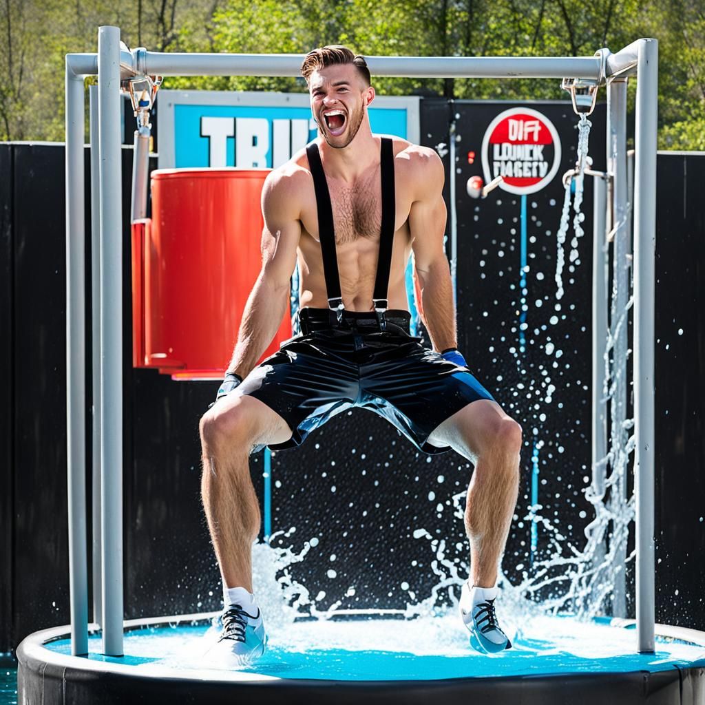 Shirtless Man in Dunk Tank with Suspenders
