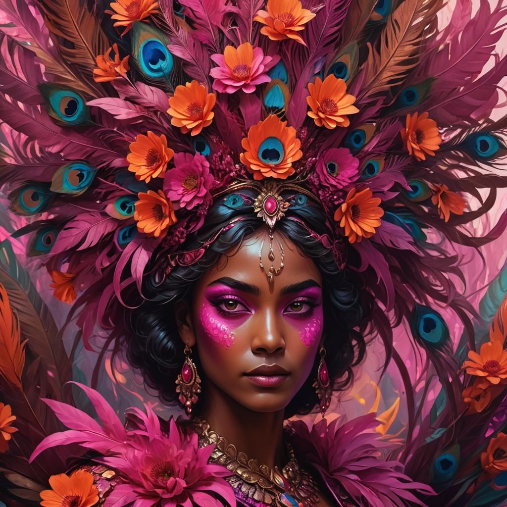 Peacock Haired Woman with Flower Crown, Fauvist Expressionis...