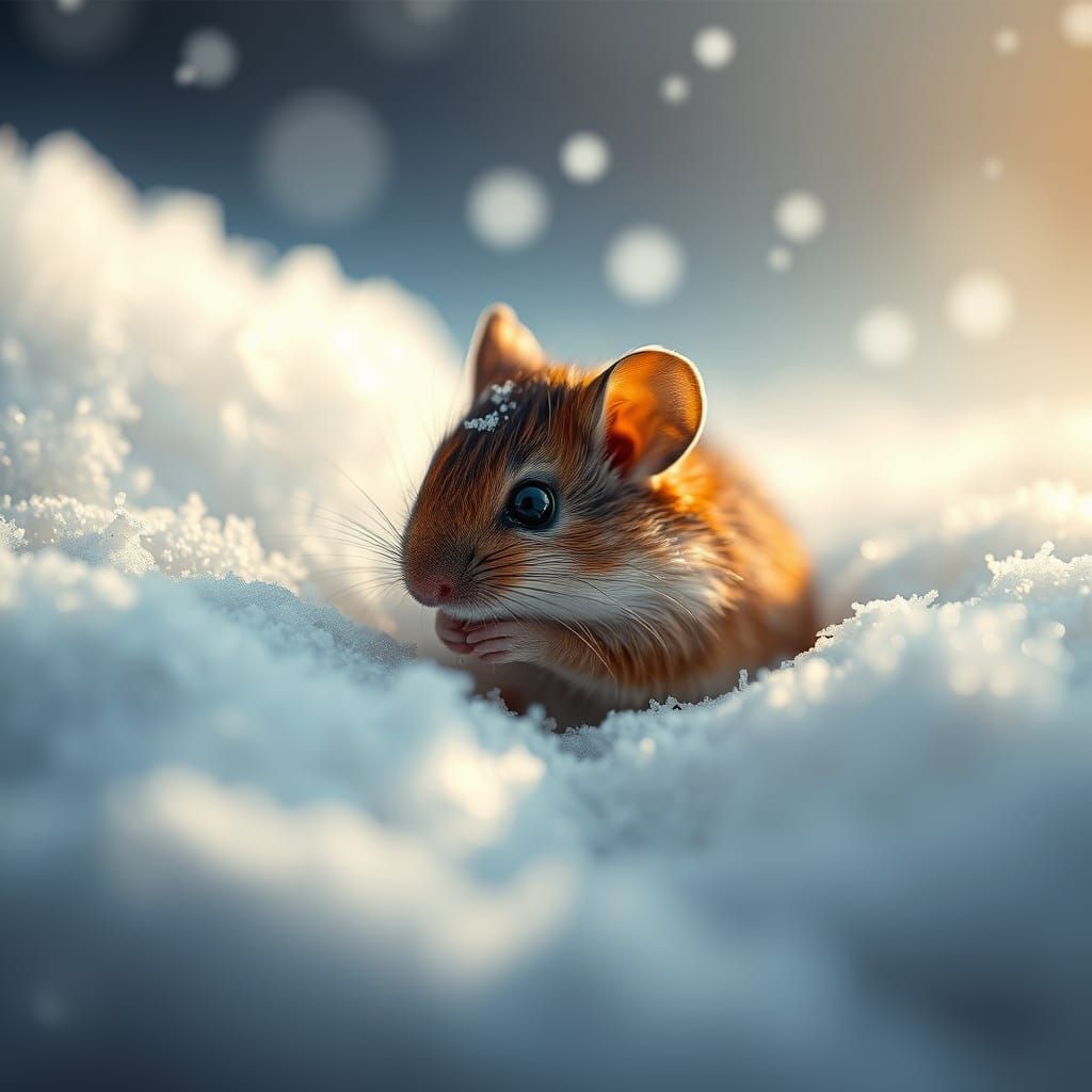 Tiny Field Mouse in Snow: Ultra-Detailed Macro Photo
