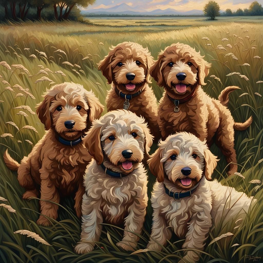 Golden Doodle Puppies in Grassy Field as Oil Painting