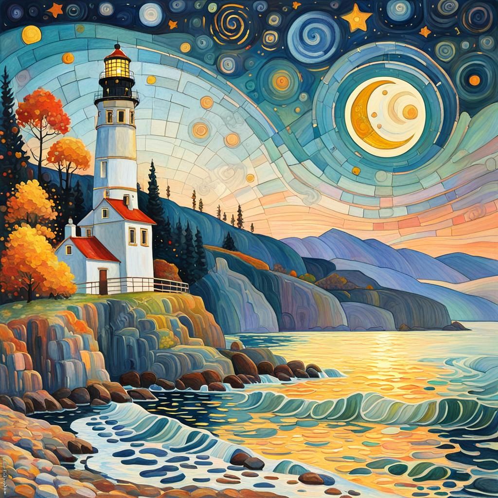 Lighthouse Sunrise in Soft Pastels, Klimt-Inspired