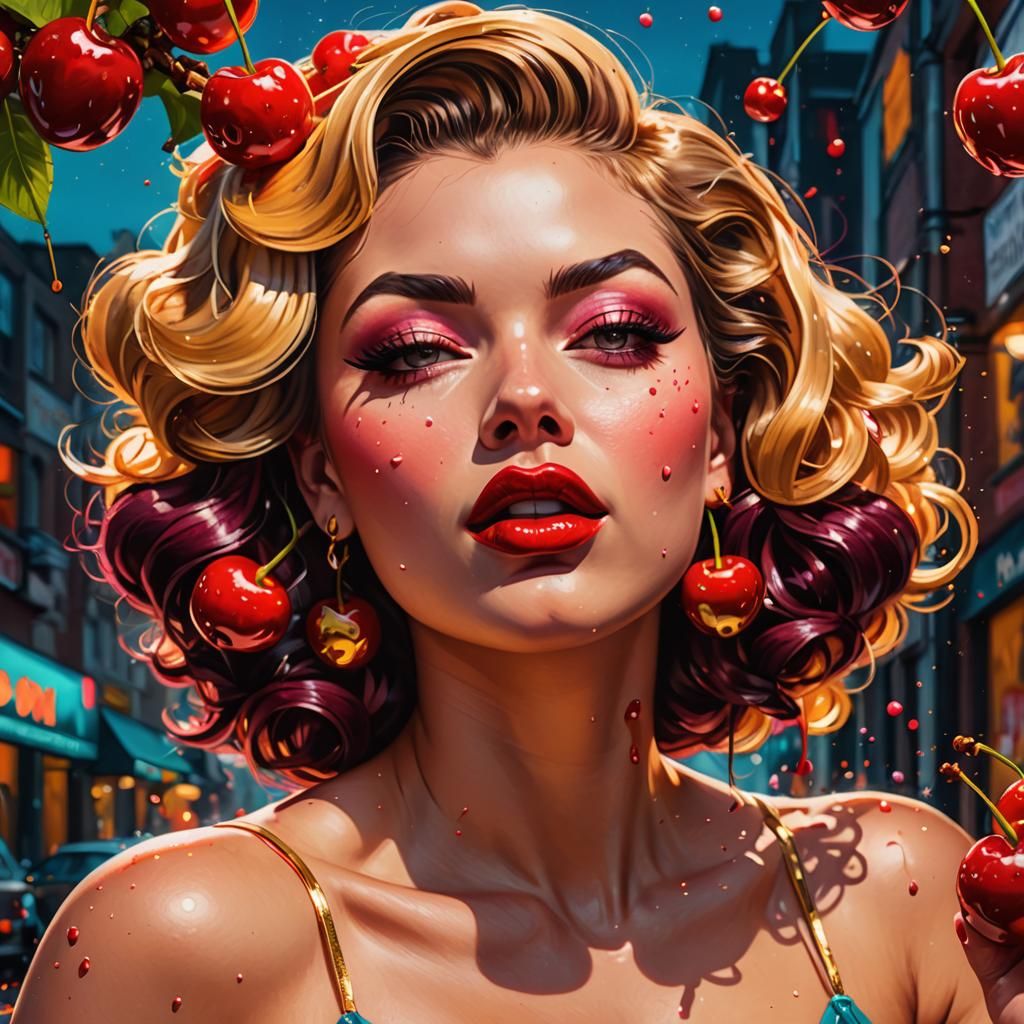 Pinup Model with Cherry in Graffiti Art Style