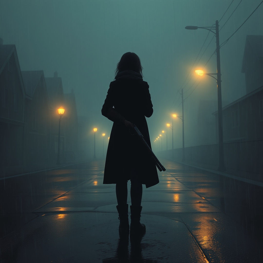 Girl in Desolate Fog, Shotgun at the Ready