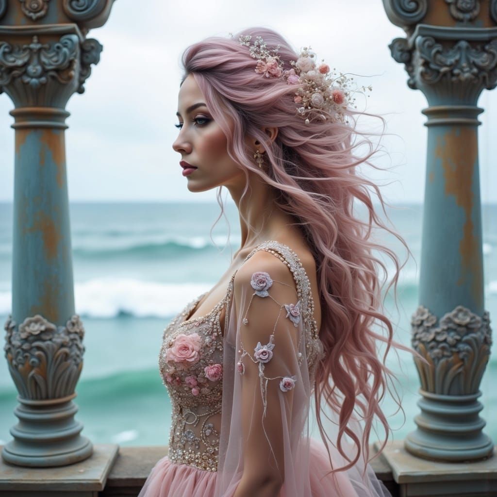 Ethereal Beauty in Soft Pink Gown with Pearls and Waves