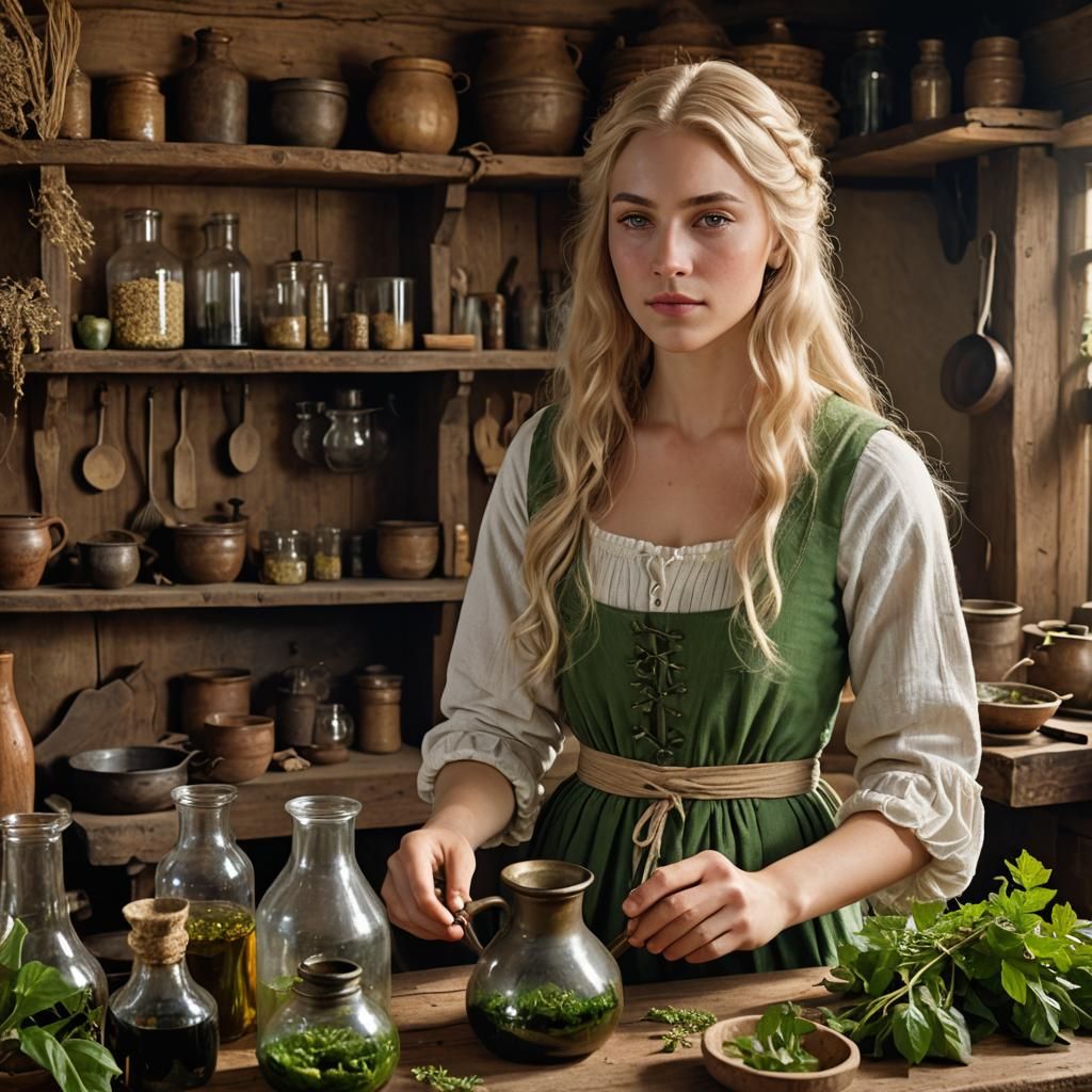 18th Century Herbalist Making Potions, Photorealistic Portra...