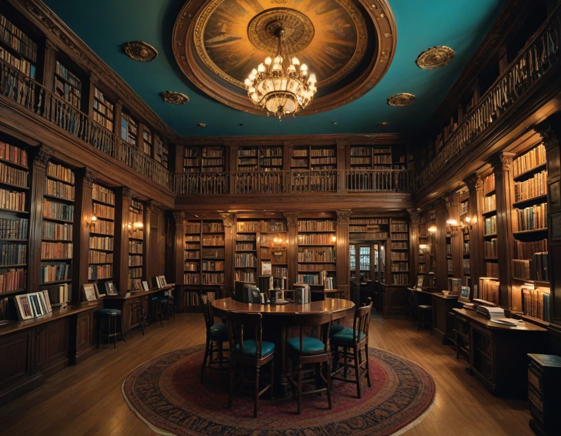 Enchanting Dark Turquoise Pub Library in Opulent Splendor
