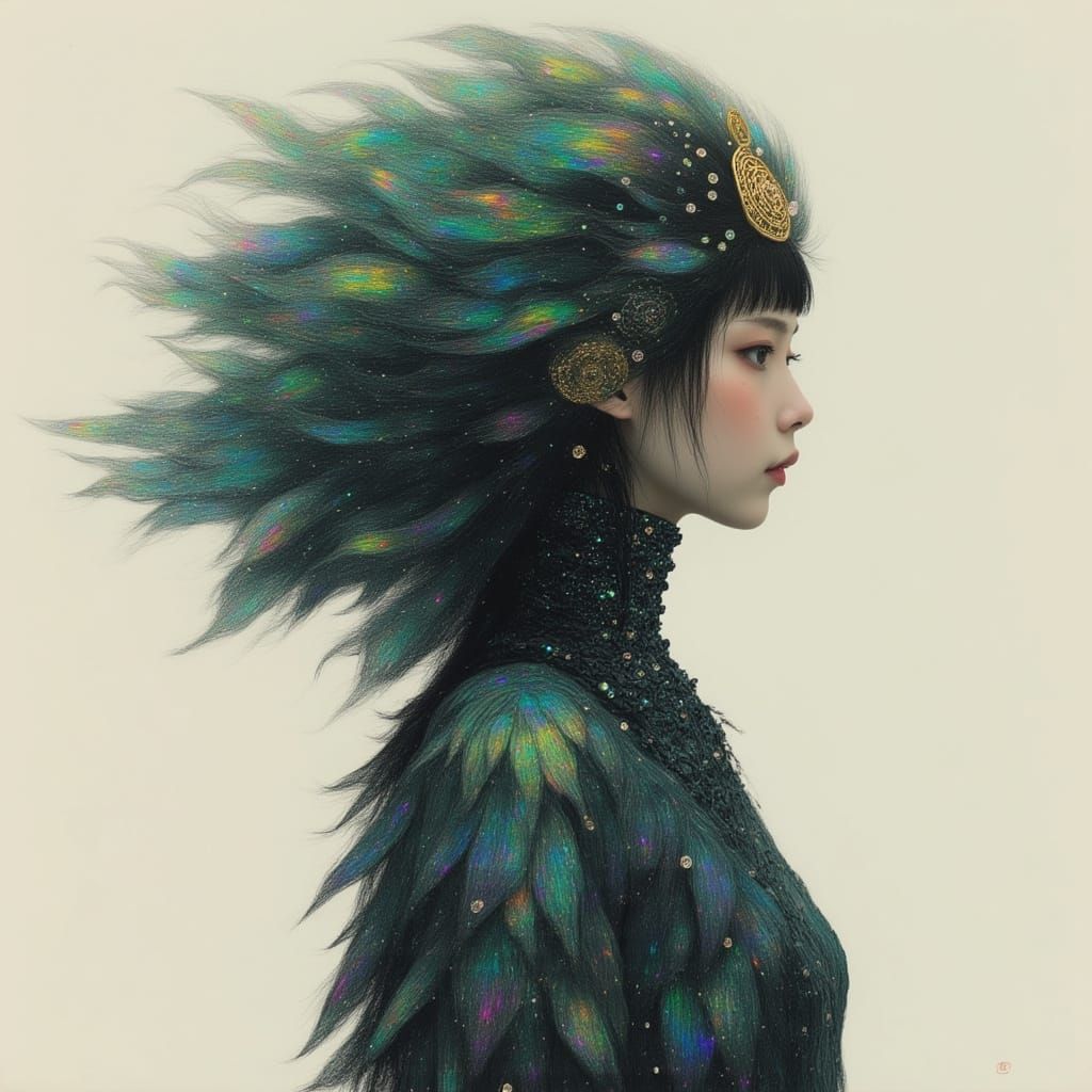 Iridescent Peacock Feathers Adorn a Contemplative Japanese W...