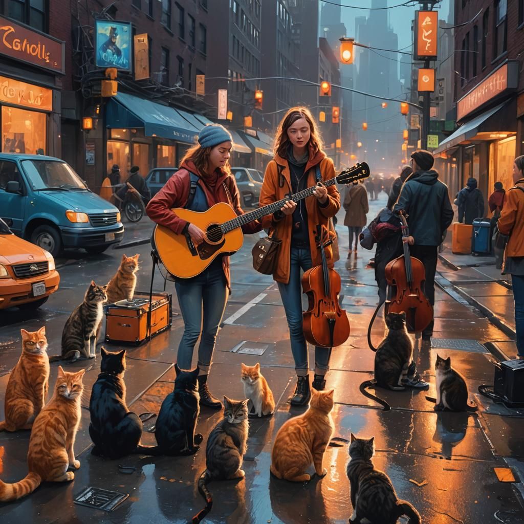 New York Busker and Appreciative Cats
