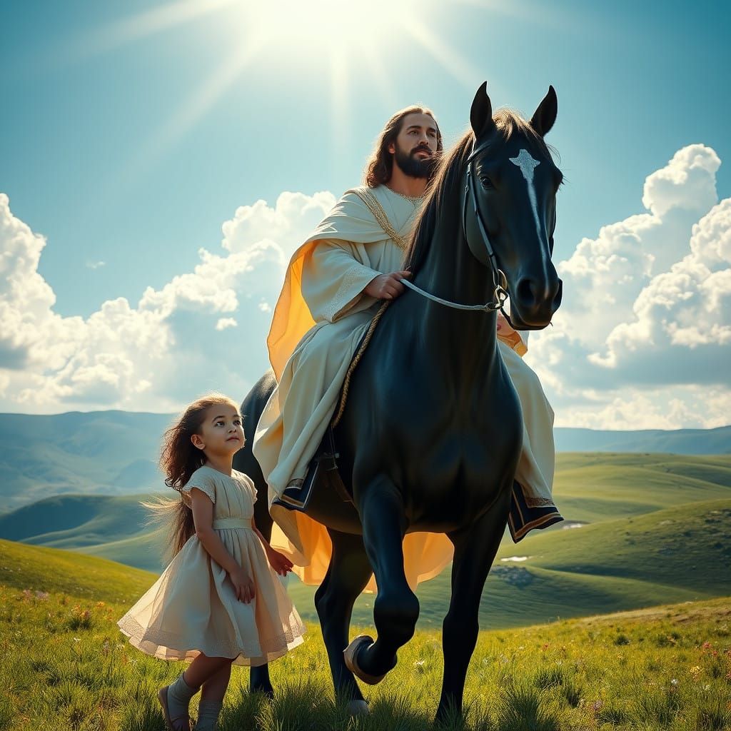 Jesus Rides a Majestic Black Horse with a Star