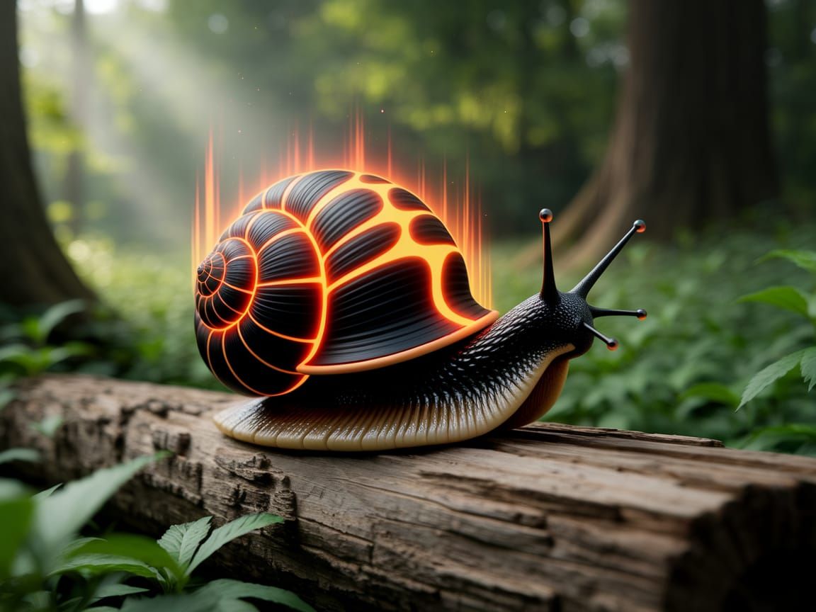 Stylized Snail on Rustic Wooden Log in Lush Forest