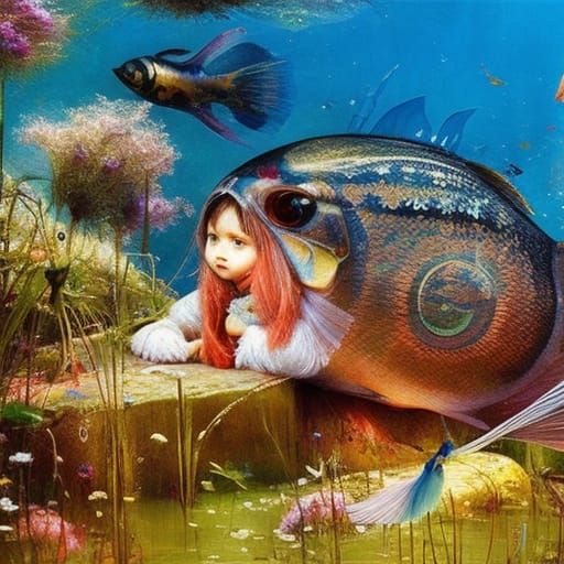 Adorable Fish Fairy in Mixed Media Illustration