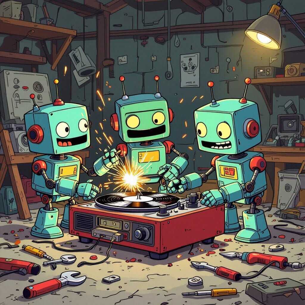 Cartoon Robots Build Record Player in Workshop