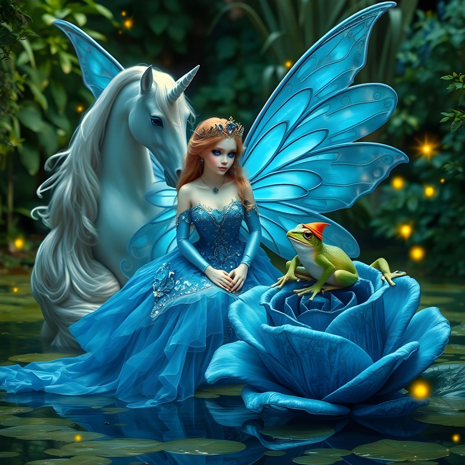 A beautiful masterpiece of a gorgeous blue fairy with  gigantic blue wings,  blue intricate royal crown, a beautiful des...