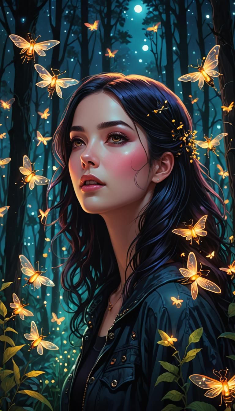 Woman Conversing with Fireflies in Radiant Twilight