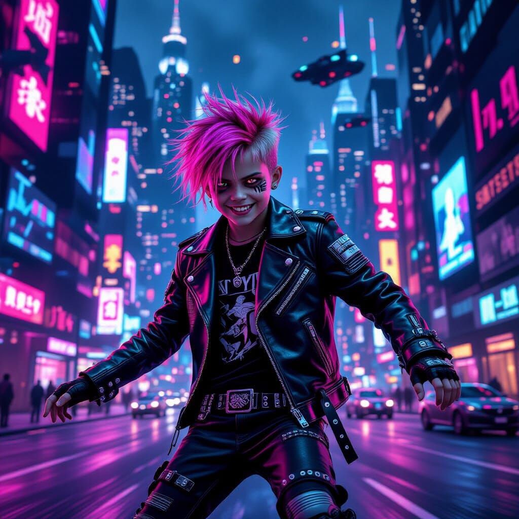 Cyberpunk Gothic Youth Skateboarder in Neon City