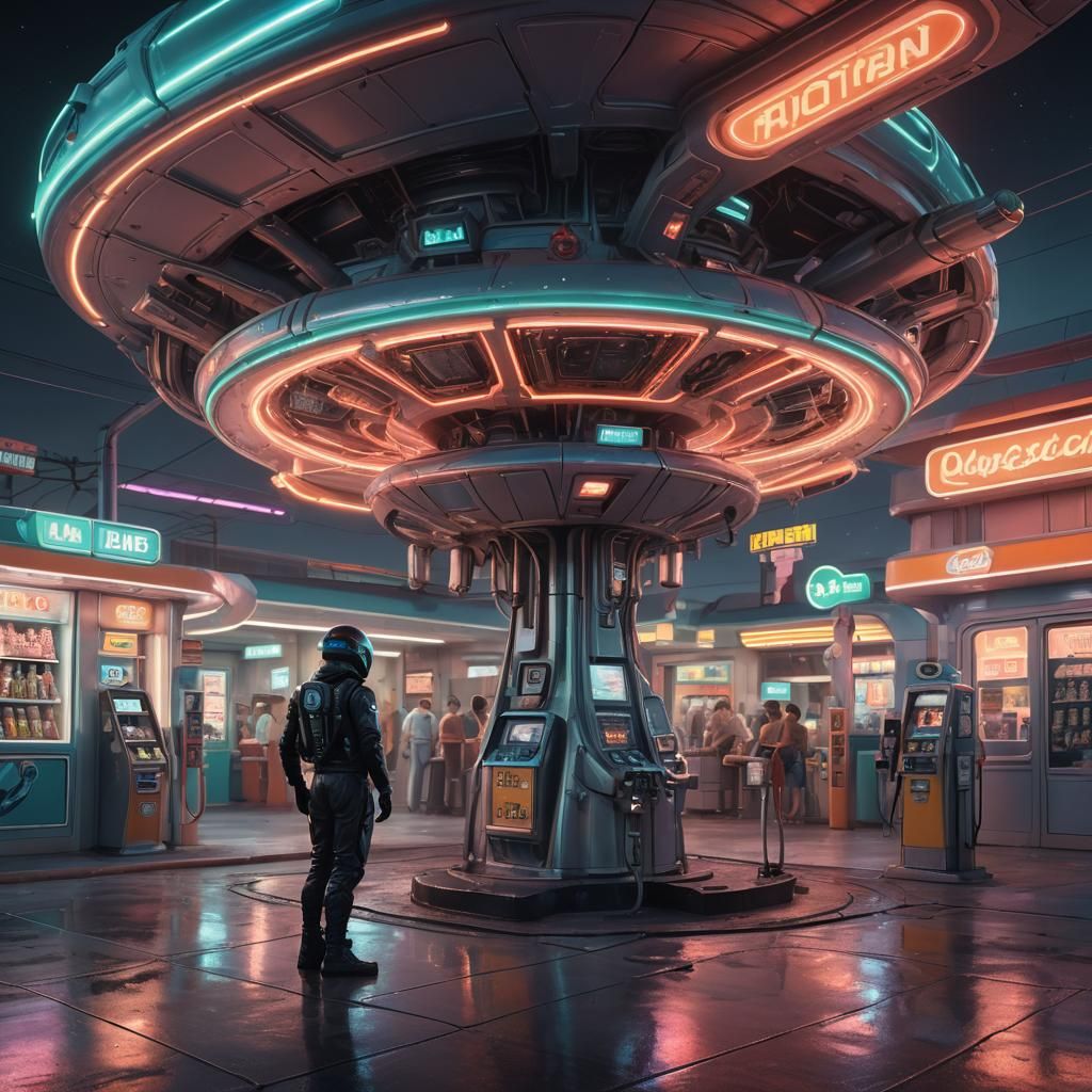 Extraterrestrial Fuel Stop in Sci-Fi Illustration Style