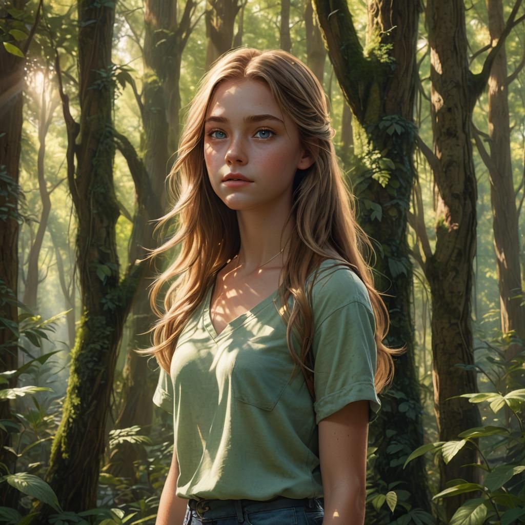 Girl in Forest, Fantasy Realism Art Nouveau Style