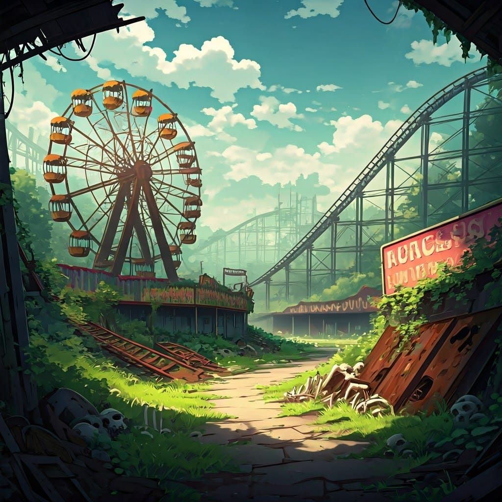 Abandoned Amusement Park Ruins in a Post-Apocalyptic World