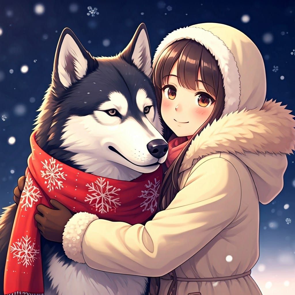 Girl and Husky Embracing in Snowy Wonderland