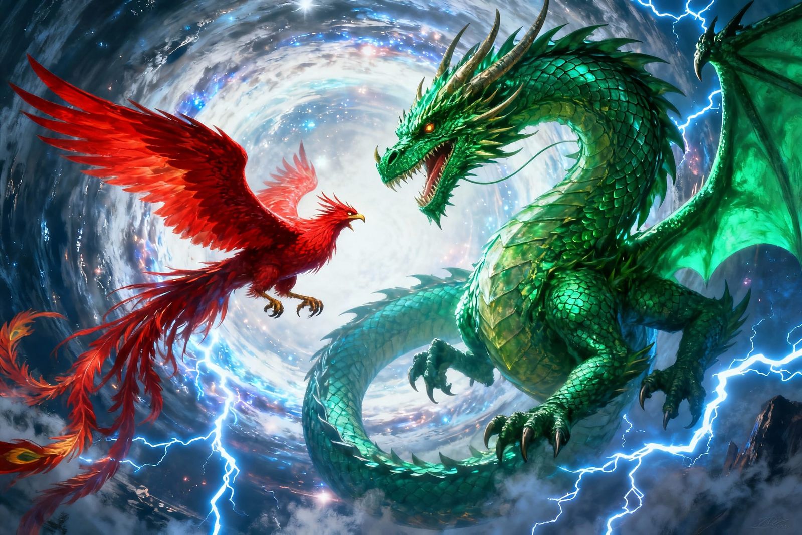 Dragon and Phoenix Clash in Epic Fantasy Art