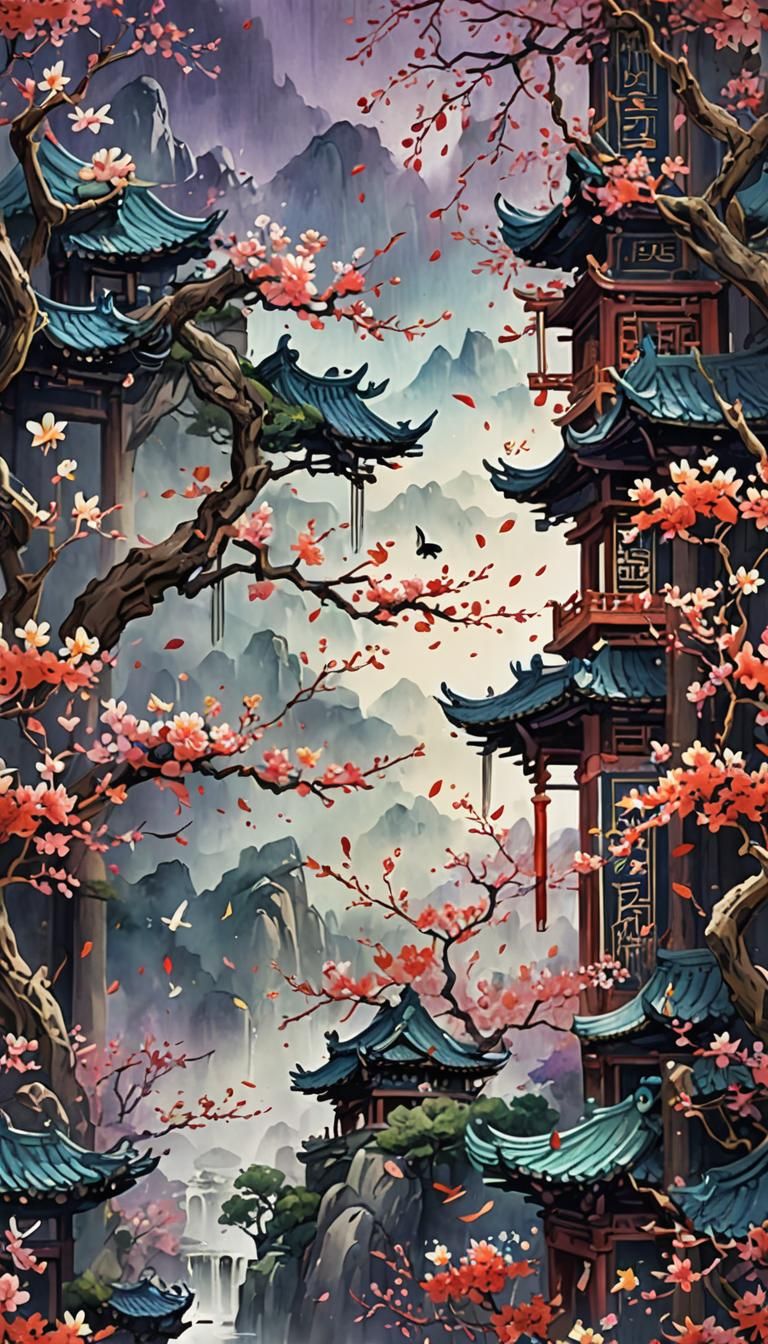 Watercolor Plum Blossom Oriental Art in 8K