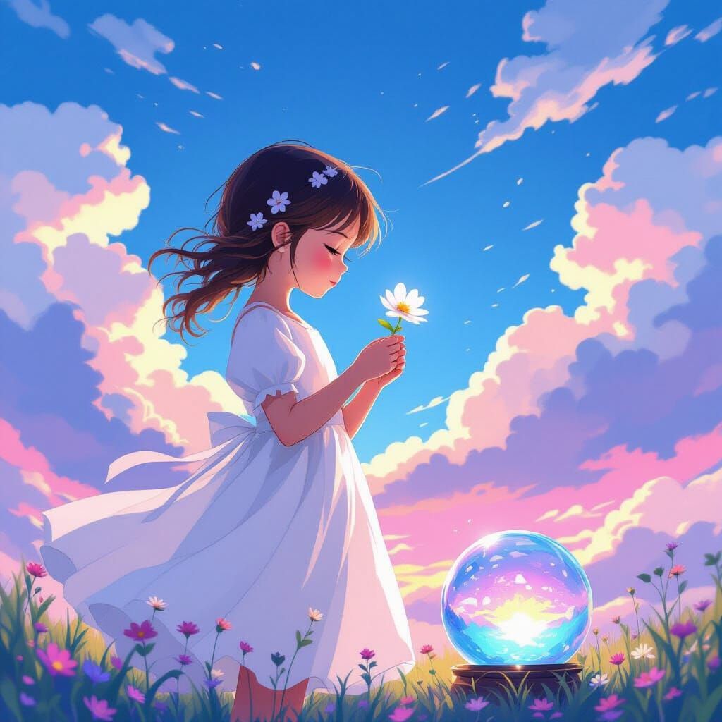 Girl with Flower in Crystal Ball, Anime Style