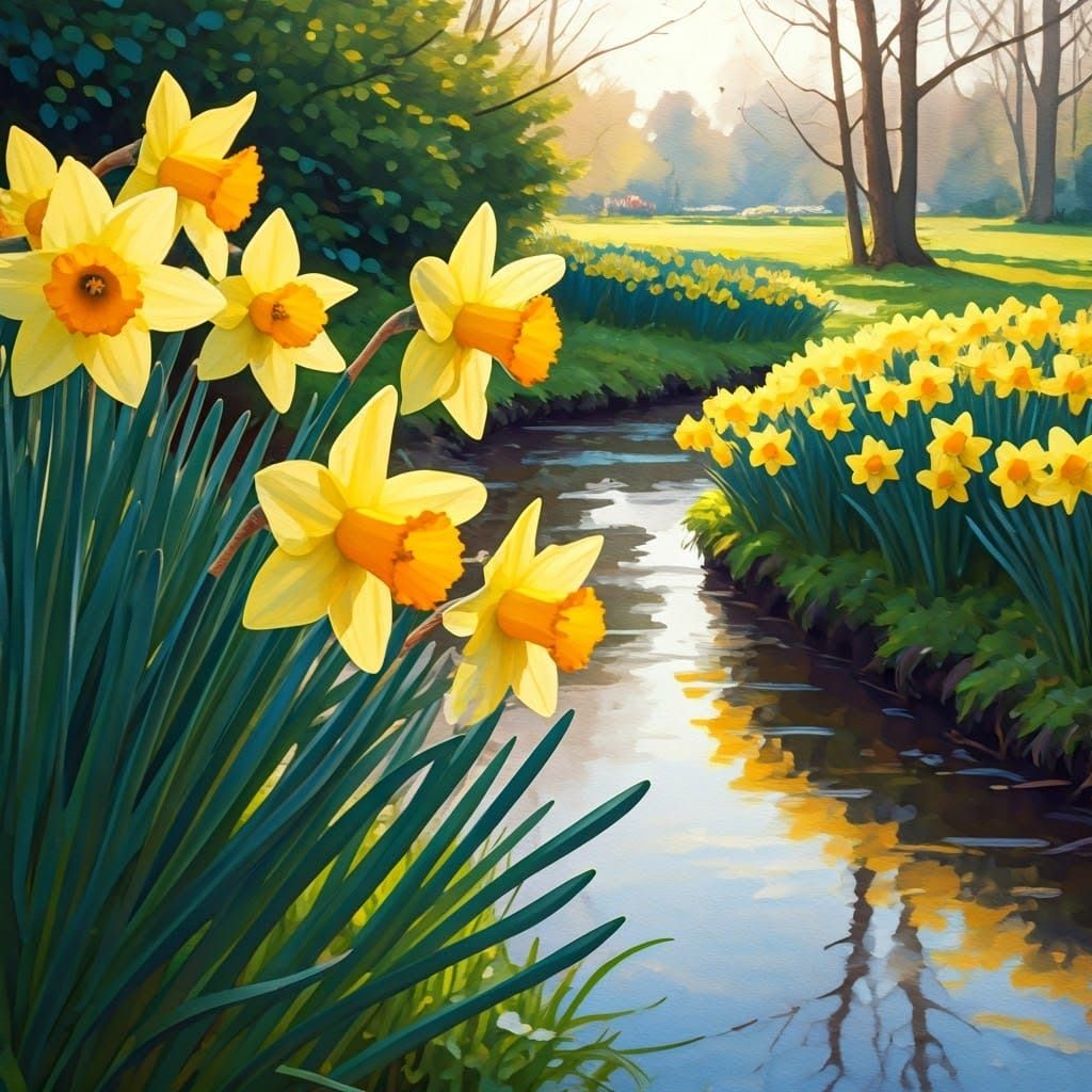 Vibrant Watercolor of Daffodils in a Sunlit Stream