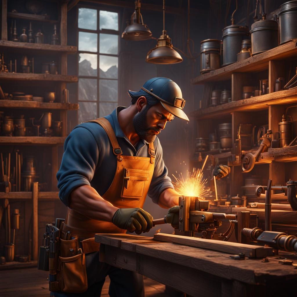 Attractive Carpenter at Work: Fantasy Concept Art