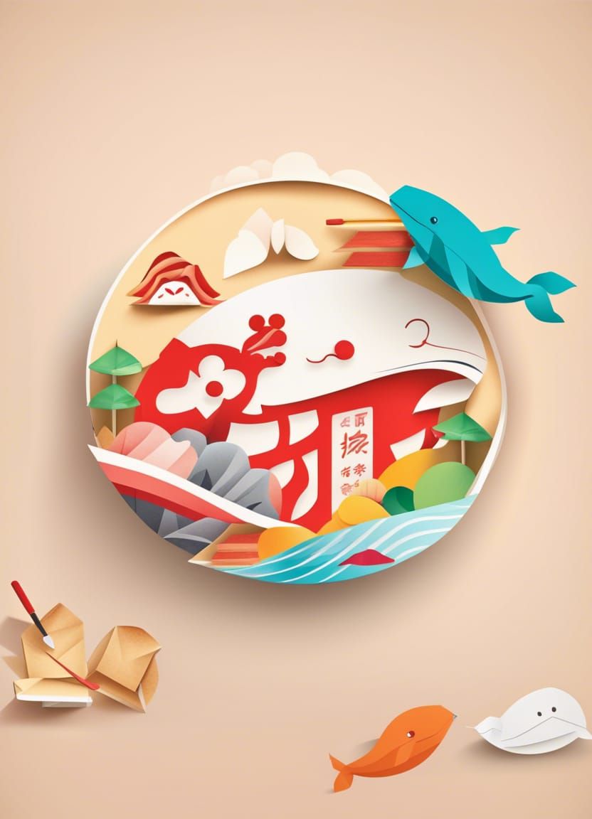 Japanese Food Stall Logo with Origami Whale