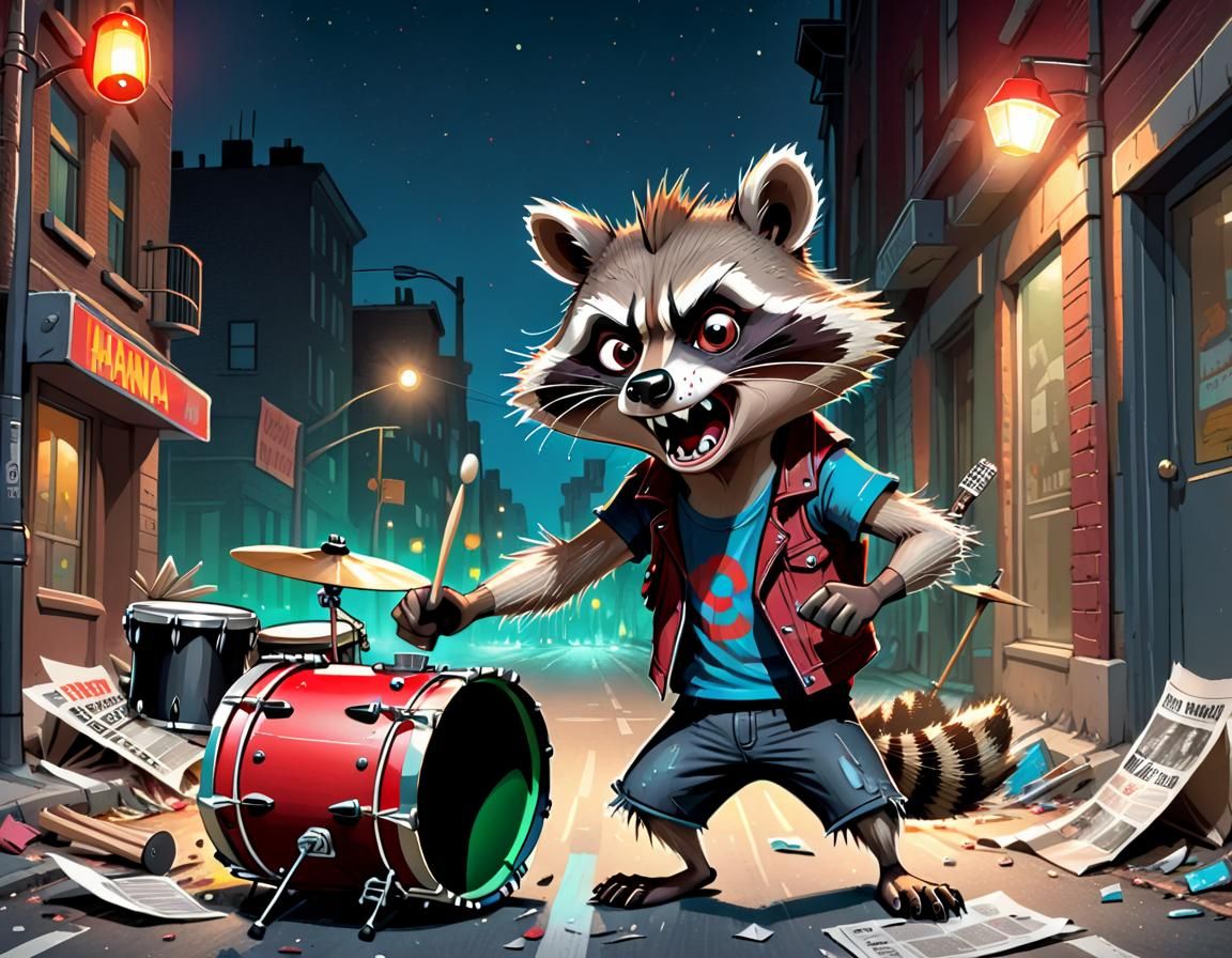 Angry Raccoon Drummer in Hanna-Barbera Cartoon Style