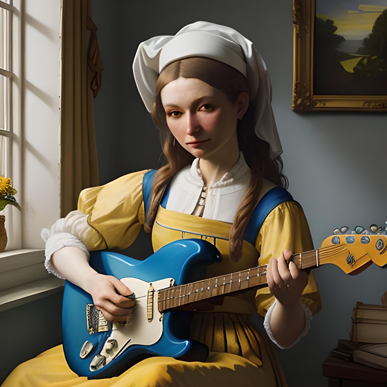 Vermeer Style Milk Lady Plays Stratocaster