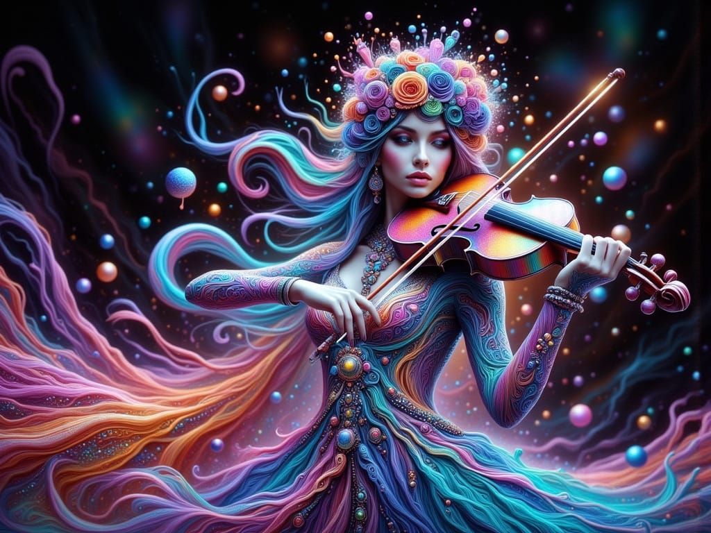 Ethereal Glass Siren Plays Violin in Vibrant, Melting Spectr...