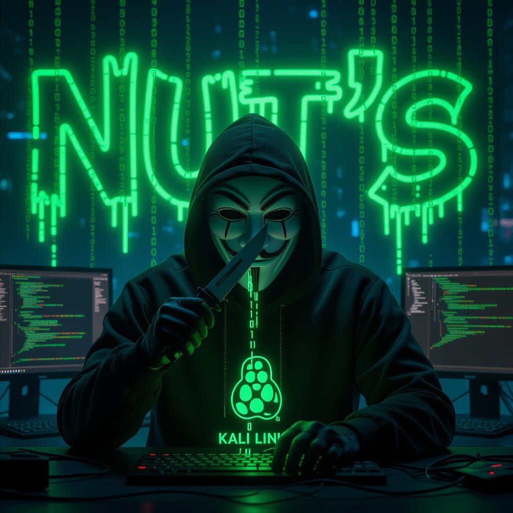 Cyberpunk Hacker in Neon-Lit Room with Binary Code