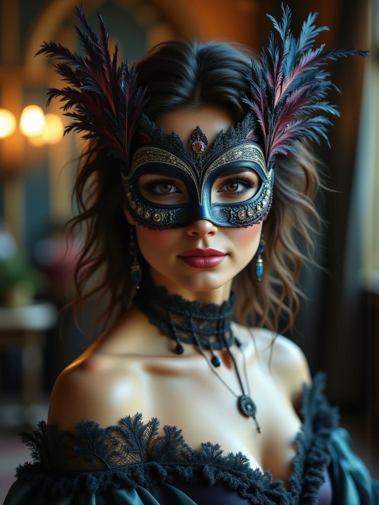 Elegant Woman in Jewel-Toned Gown with Masquerade Mask
