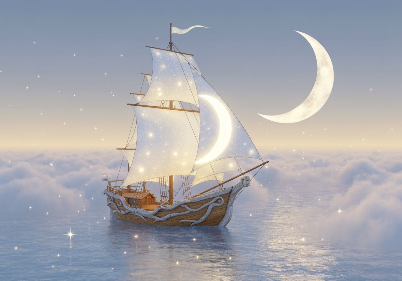 Whimsical Moonlit Sailboat on Cloud Sea