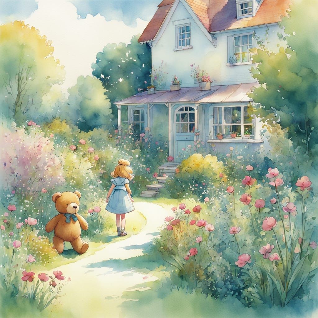 Girl and Teddy Bear in Watercolor Garden