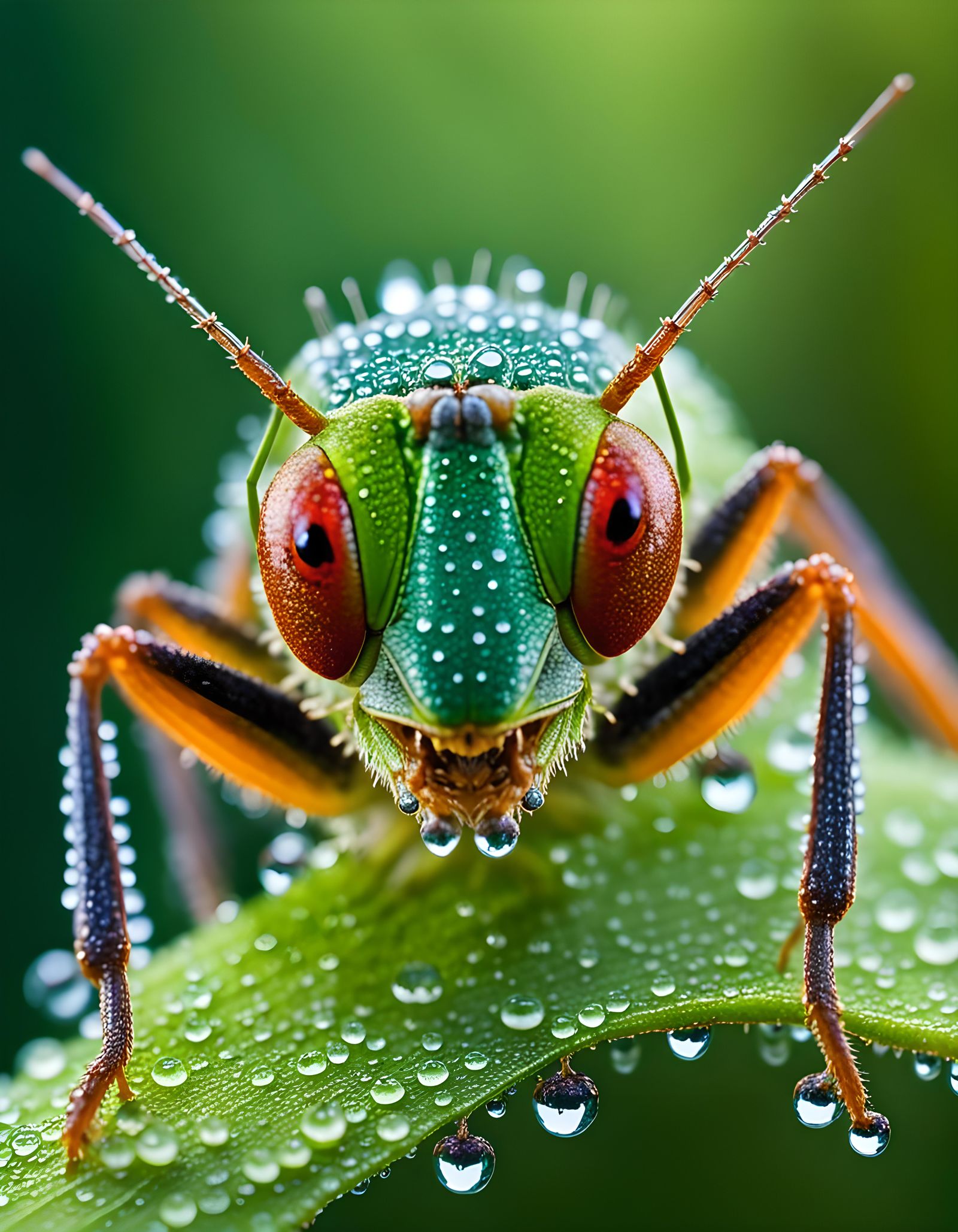 Macro Image of Grasshopper Face with Dew Drops