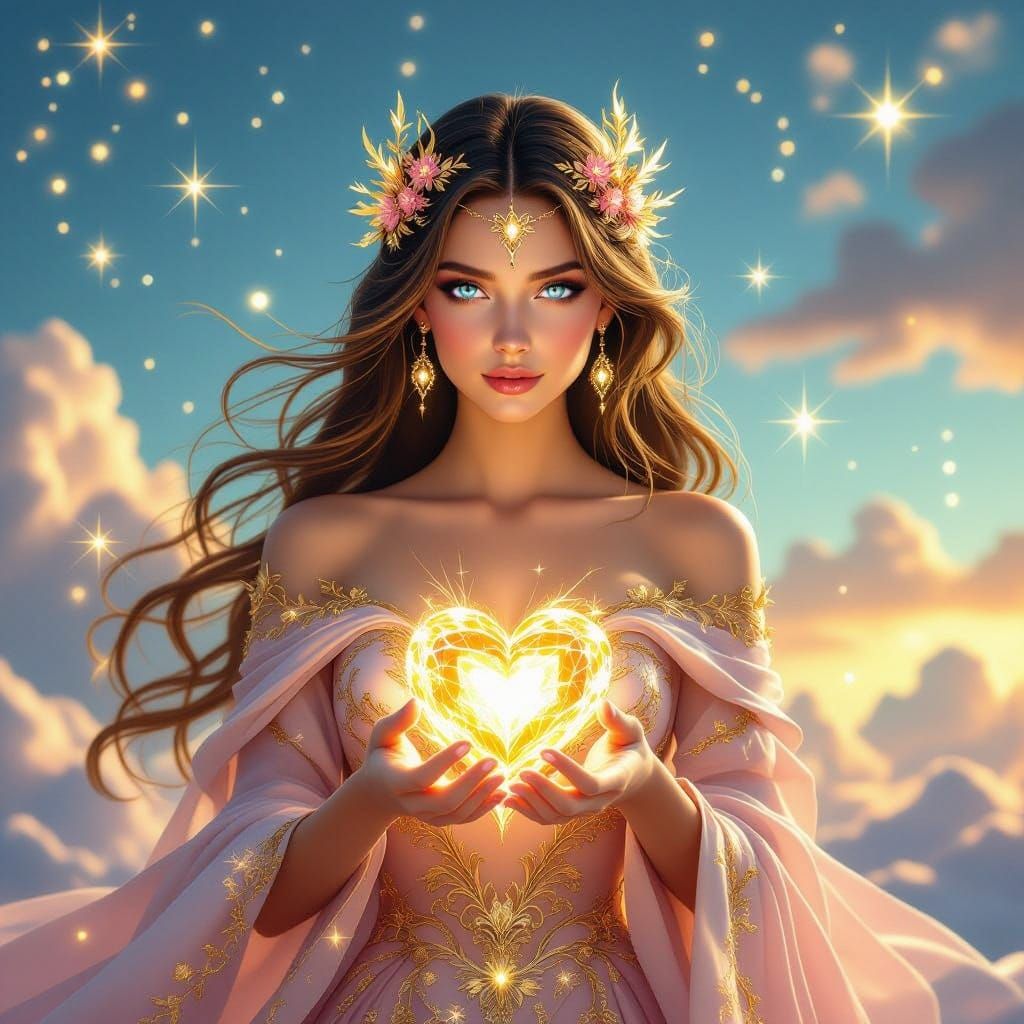Fantasy Goddess Radiates Golden Light in Rose-Gold Sky
