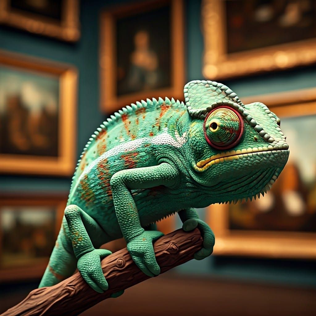 Aardman style claymation figure of a chameleon blending in with the paintings in an art gallery