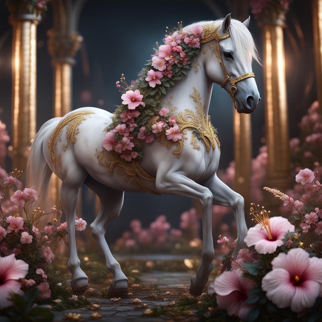 Elegant Horse with Gold Tinsel and Pink Flowers