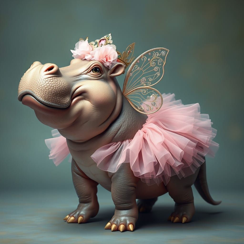 Whimsical Hippopotamus in Pastel Pink Tutu with Fairy Wings