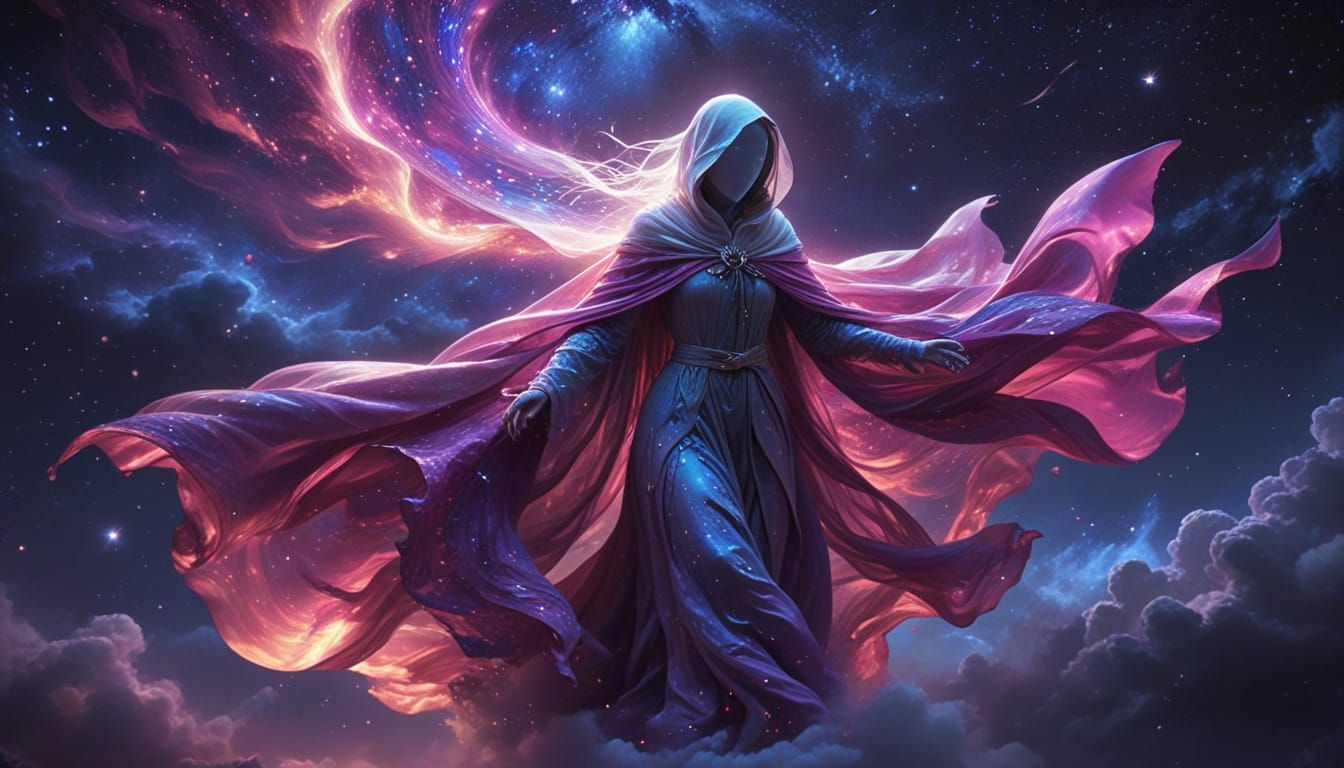 Faceless Entity Soars Through the Cosmic Night