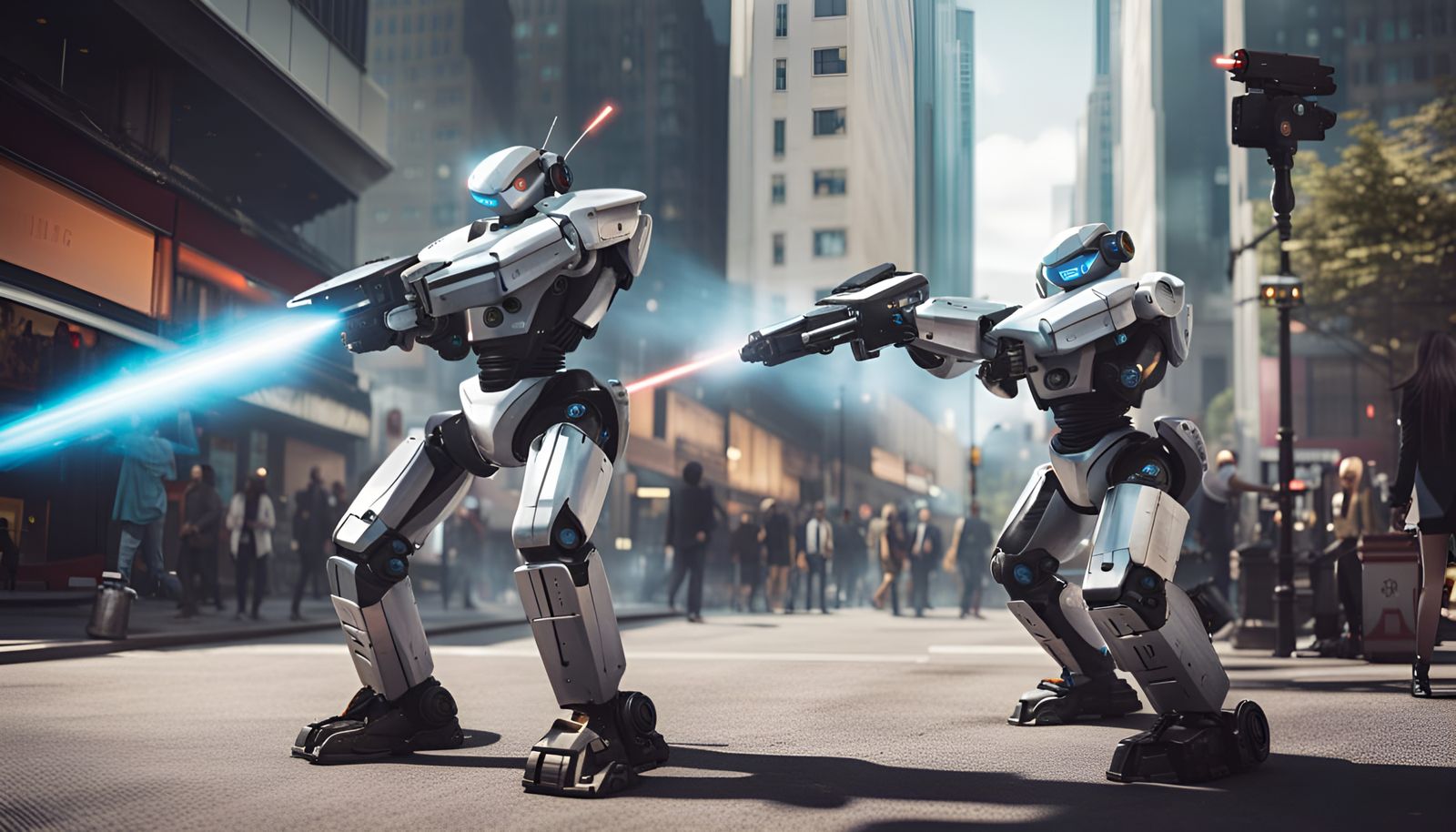 Robots Fighting in City Street with Laser Guns