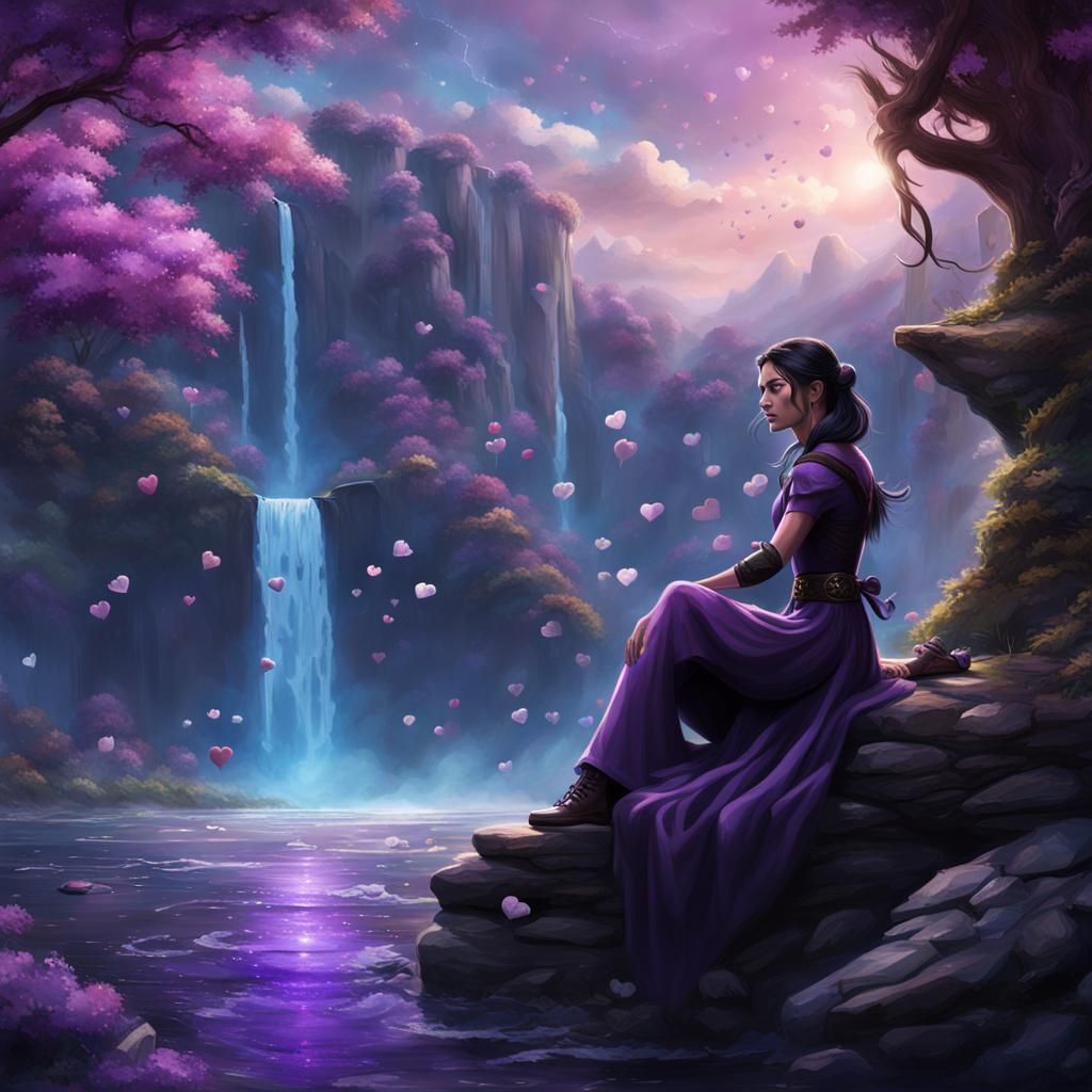 Kate Bishop by Waterfall: Detailed Matte Painting