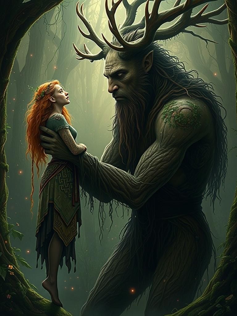 Cernunnos and Celtic Maiden in Forest Scene