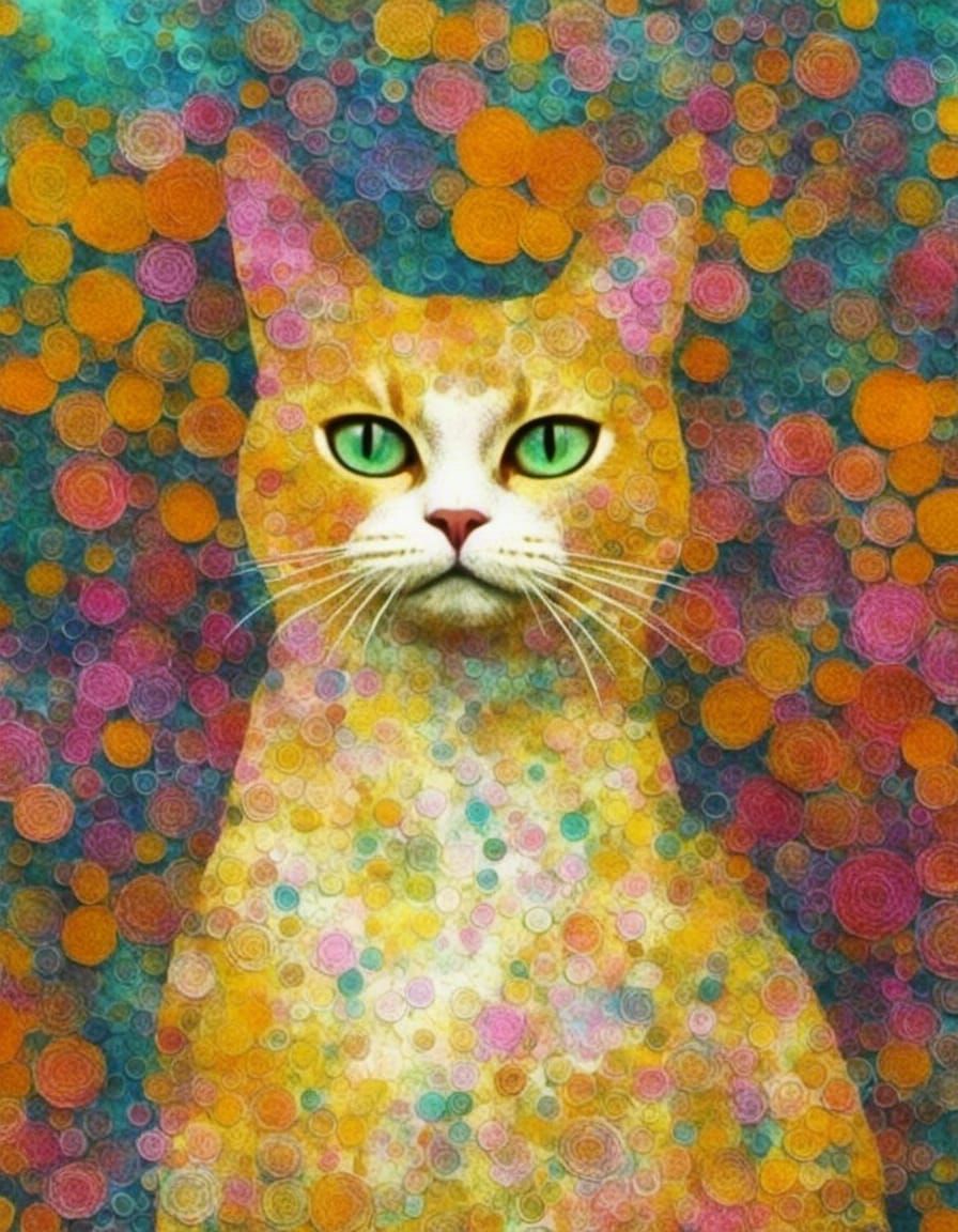 Cute cat. =^•^= Flowers gelliprint