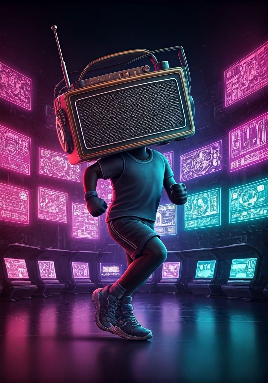 Radiant Radio Athlete in Neon-Lit Fitness Studio