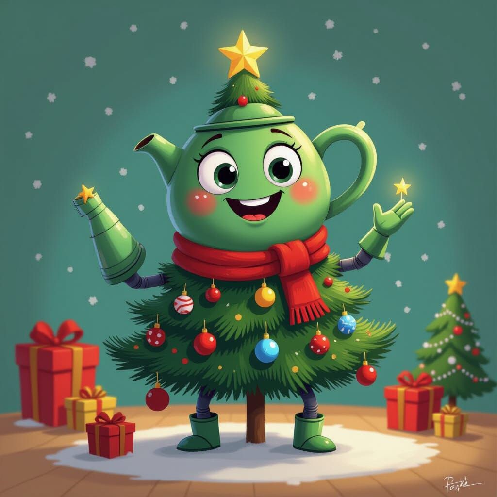 Pixar Style Teapot Person Decorates Christmas Tree