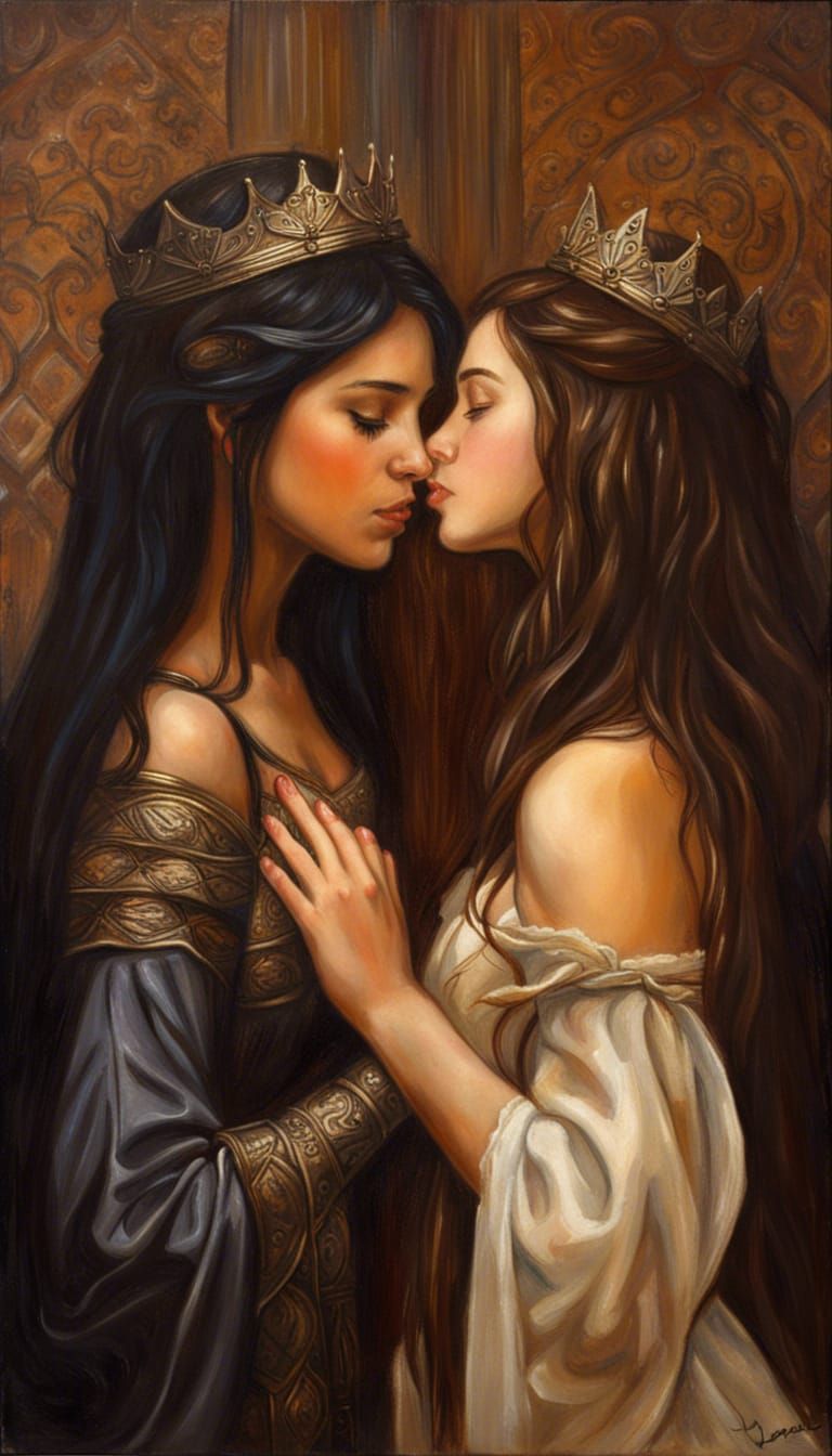 Fantasy Medieval Princesses Kissing in Oil Painting
