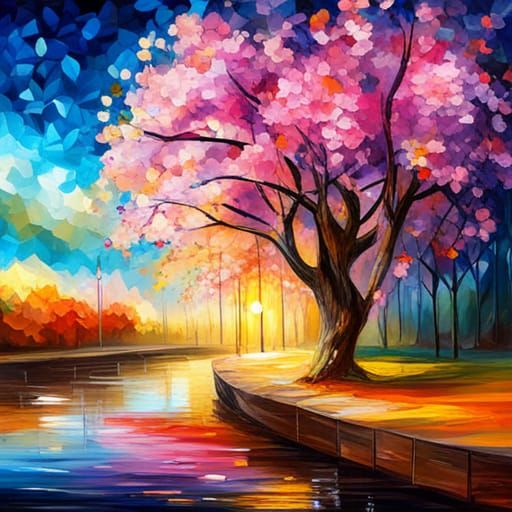 Cherry Tree in Bloom, Impasto Style Painting